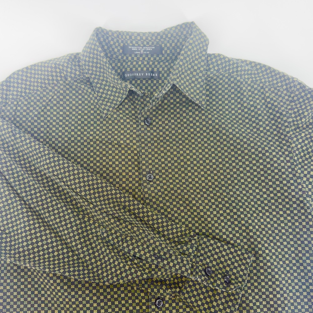 Geoffrey Beene Mens Long Sleeve Button Down Shirt Olive Green Geometric M